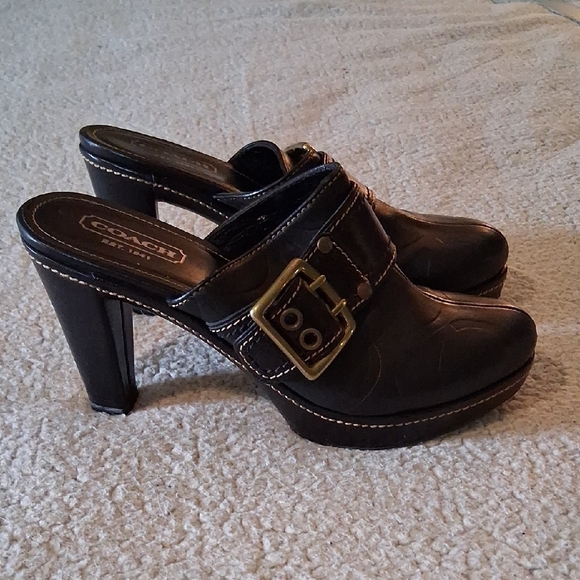 Coach Black Leather Mules with Gold Buckle - Picture 2 of 8